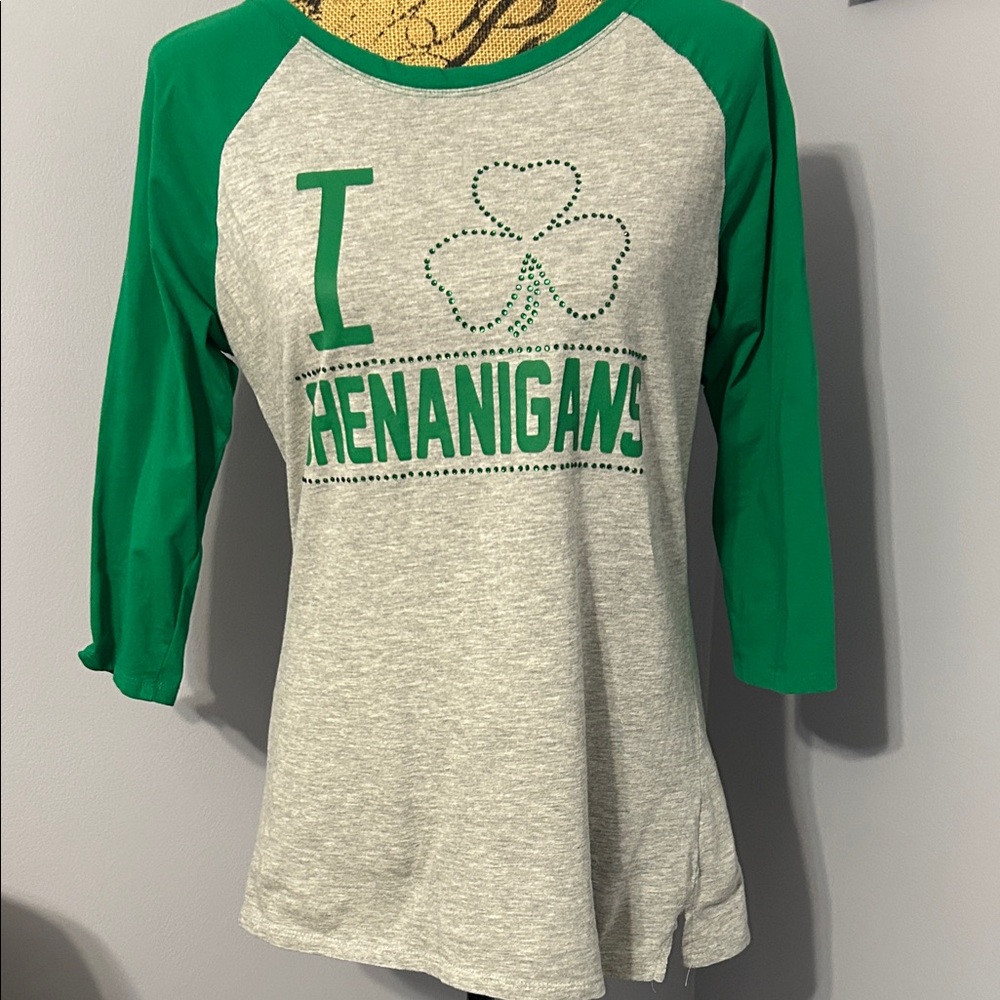 Green and Gray Shamrock Raglan Tee